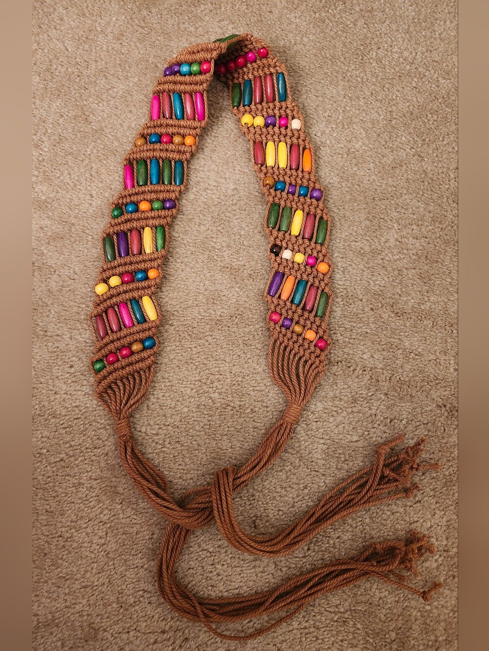 Boho Beaded Macramé Belt - Multicolor Beads on Brown Cord